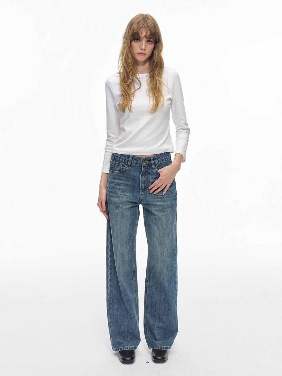 Country Moment Soft Washed Mid Rise Loose Micro Stretch Denim Cotton Blend Straight Leg Jeans
