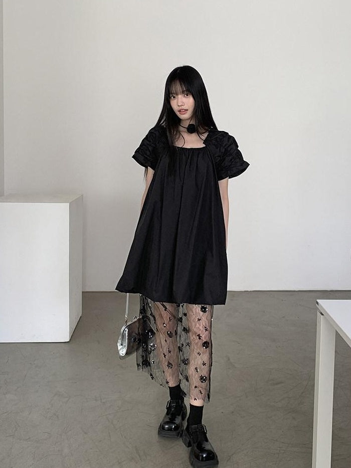 DDGIRL studio 100% Cotton Pullover Bardot Neck A Line Lantern Skirt Workwear Midi Dresses