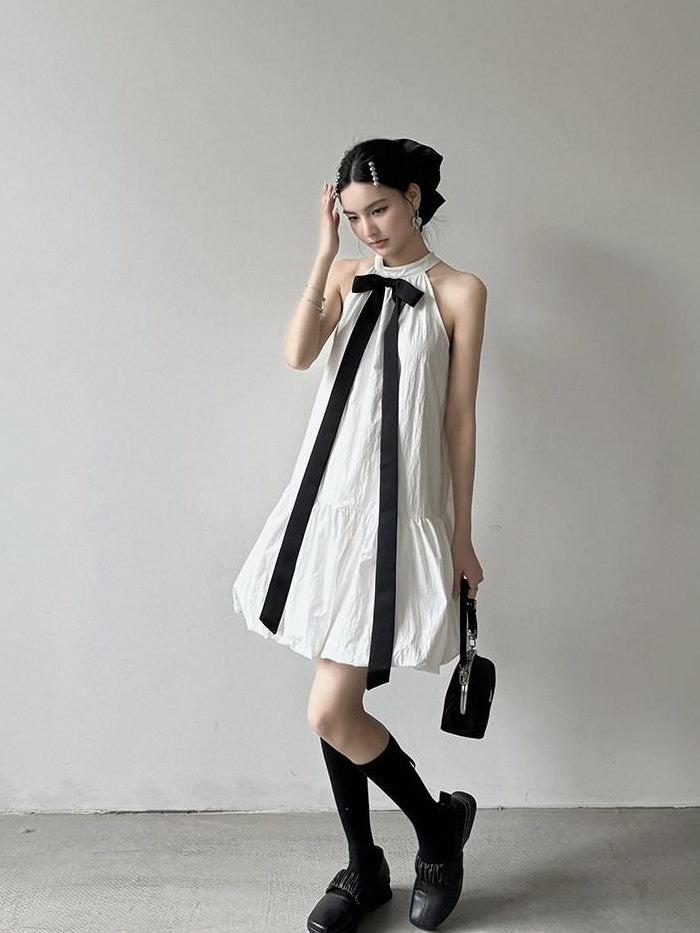 DDGIRL studio Soft Cotton Nylon Bow Sleeveless Aline Office Women Halter Back Zip Midi Dresses