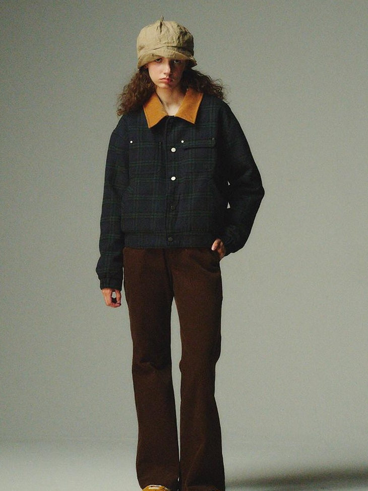Country Moment Warm Insulated Loose Fit Plaid Cropped Teen Polyester Filled Puffer Jackets