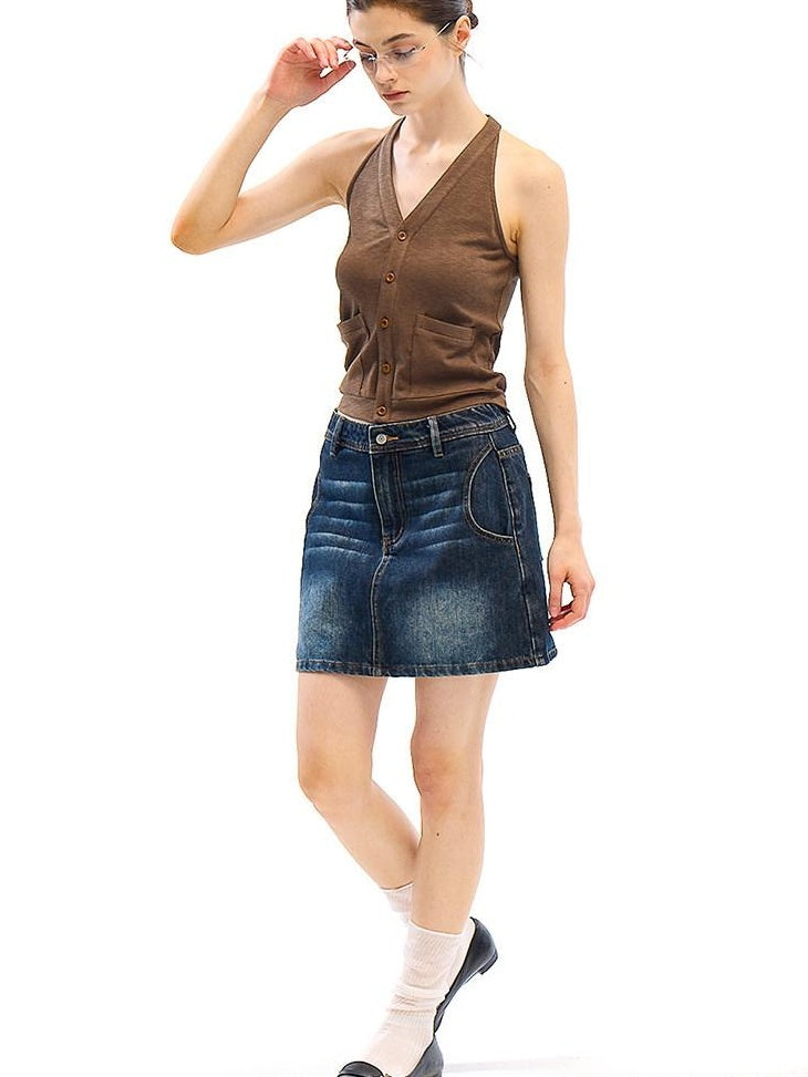 Country Moment Breathable Cotton Blend Vintage Office A Line Solid Blue Black Mini Skirts