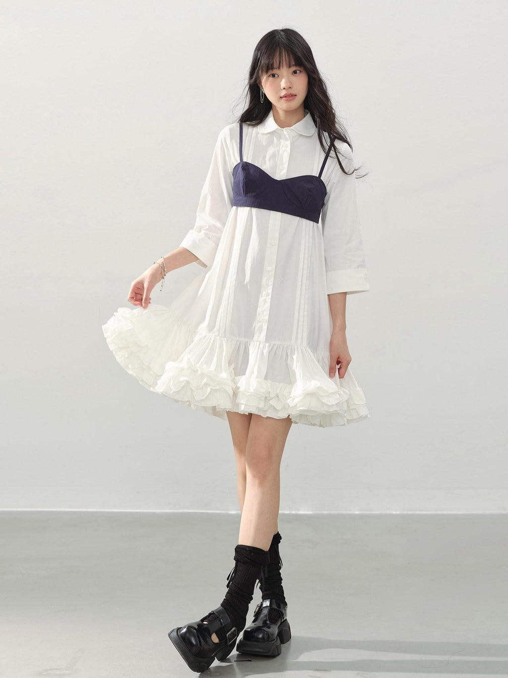 DDGIRL studio Shape Retaining Cotton Ruffle Aline Loose Waist Commuter Women Midi Dresses