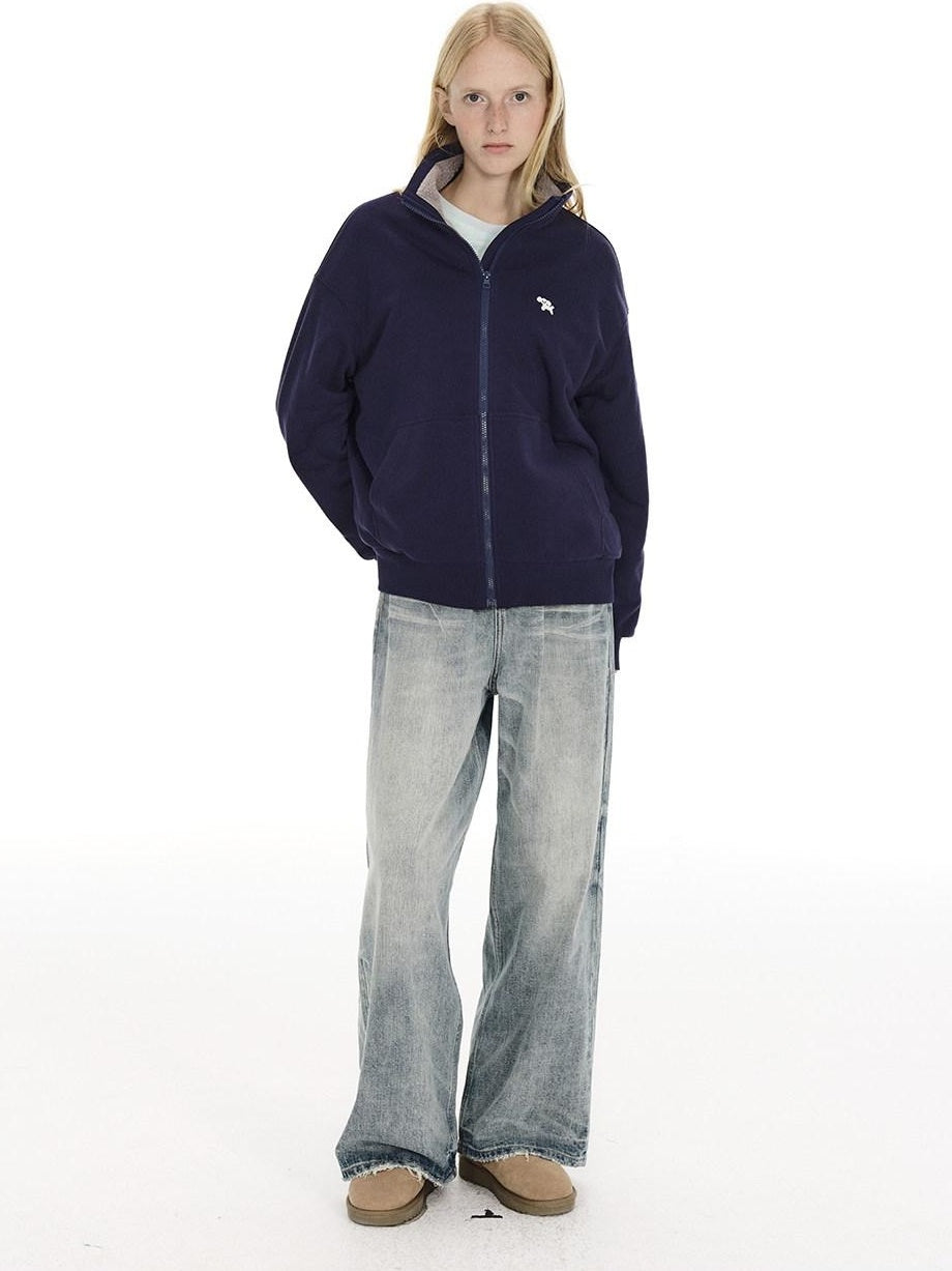 Country Moment Mid Rise Washed Whisker Brushed Cotton Casual Unisex Blue Wide Leg Jeans