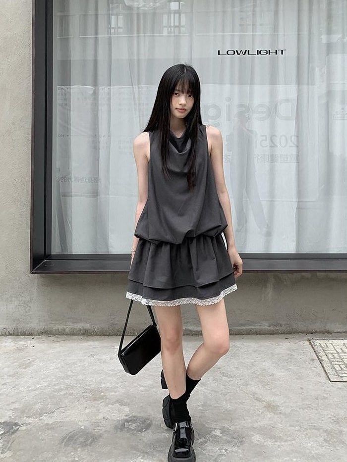 DDGIRL studio Lace Panel High Waist A Line Sleeveless Commuter Young Women Mini Dresses