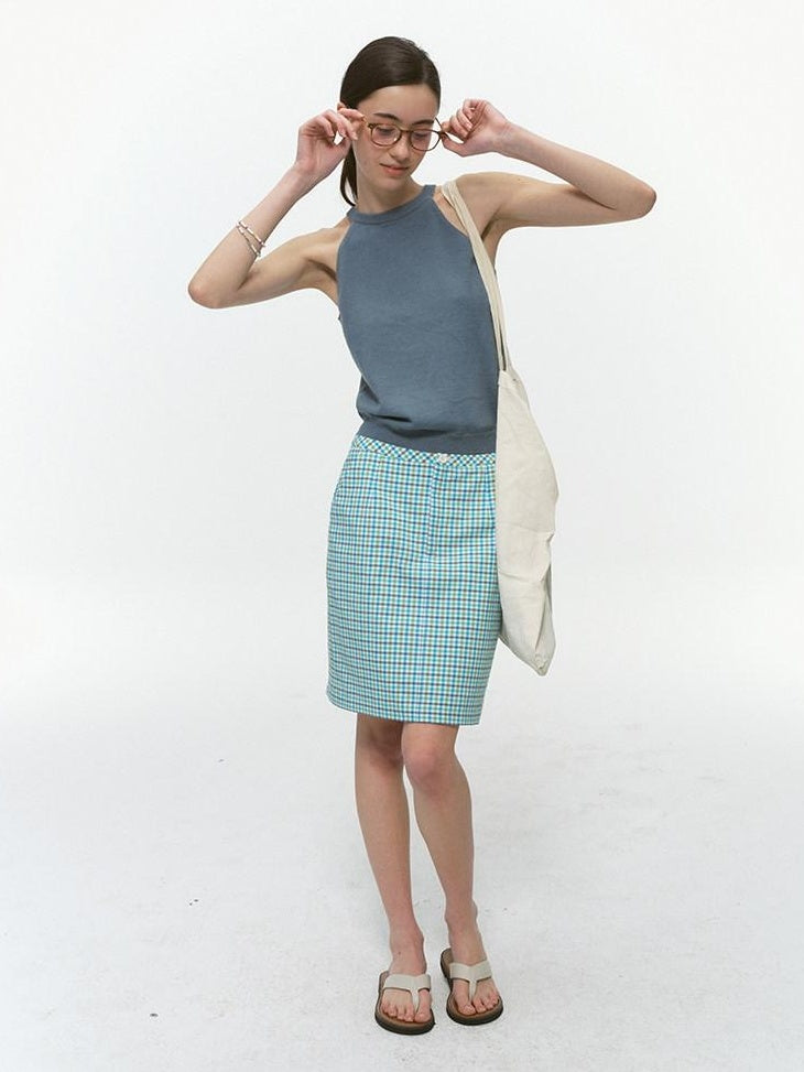 Country Moment Pure Cotton Commuter Literary A Line Mid Rise Office Green Plaid Mini Skirts