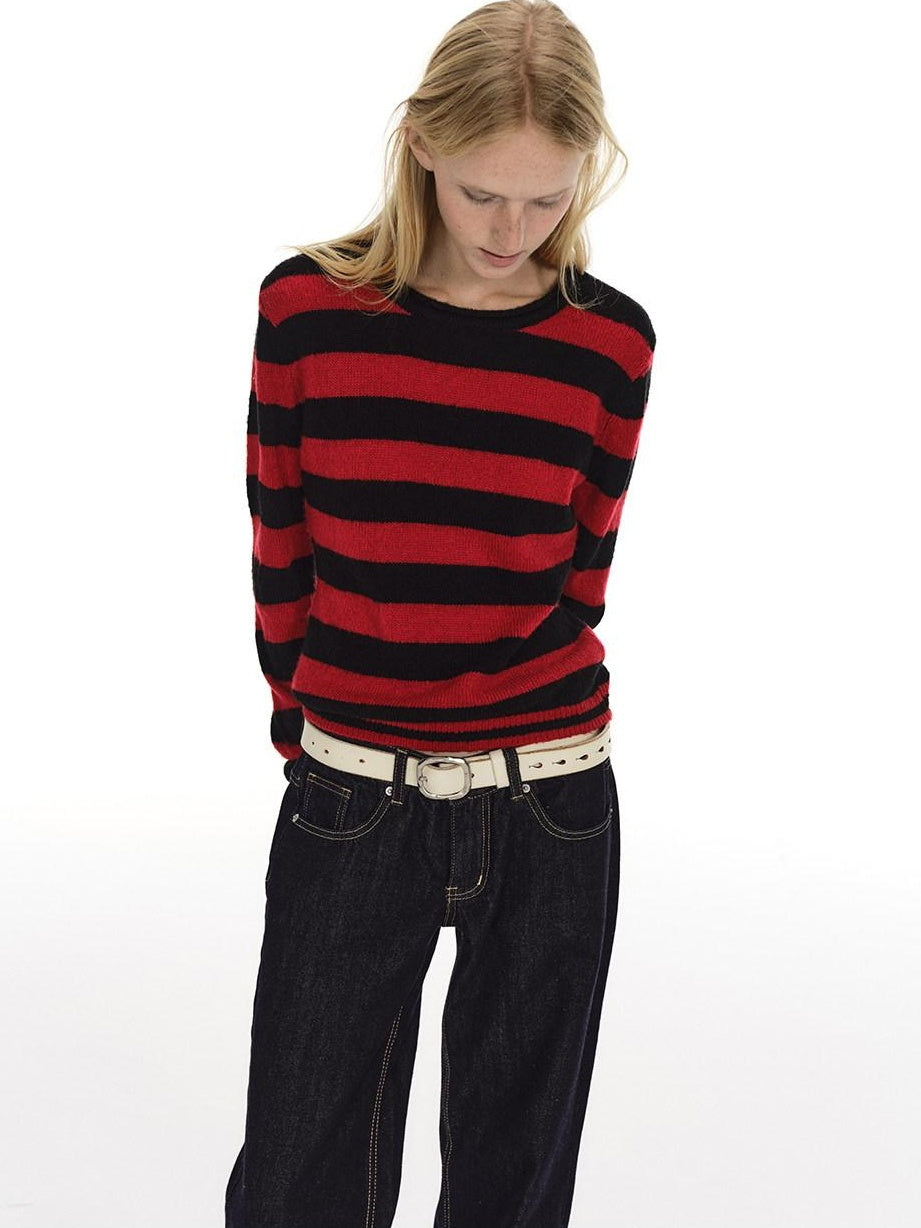 Country Moment Soft Wool Blend Vintage Striped Crewneck Regular Fit Womens Casual Knit Sweaters