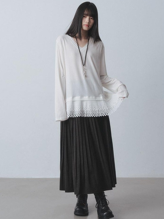 DDGIRL studio Soft Breathable V-neck Patchwork Loose Fit Women White Long Sleeve T-Shirts