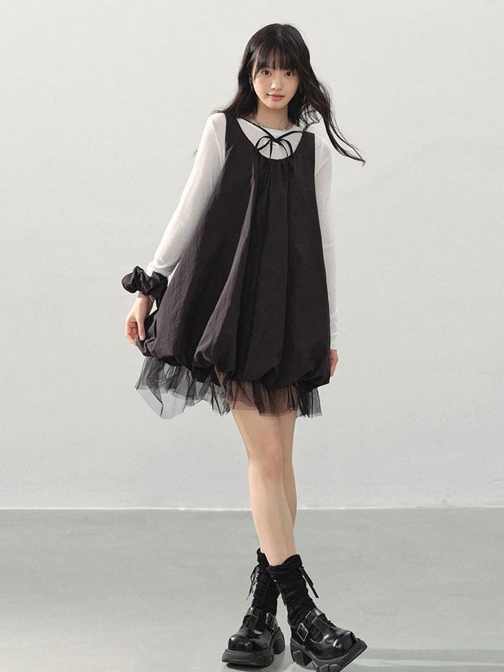 DDGIRL studio Sweet Mesh A Line Black Loose Waist Bubble Skirt U Neck Work Top & Skirt Sets