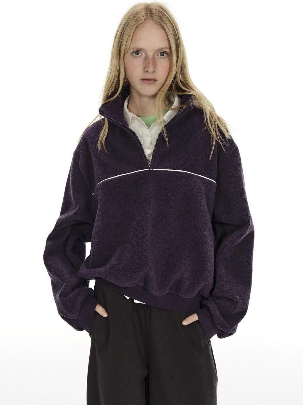 Country Moment Warm Fleece Short Zip Stand Collar Colorblock Loose Fit Unisex Purple Sweatshirt