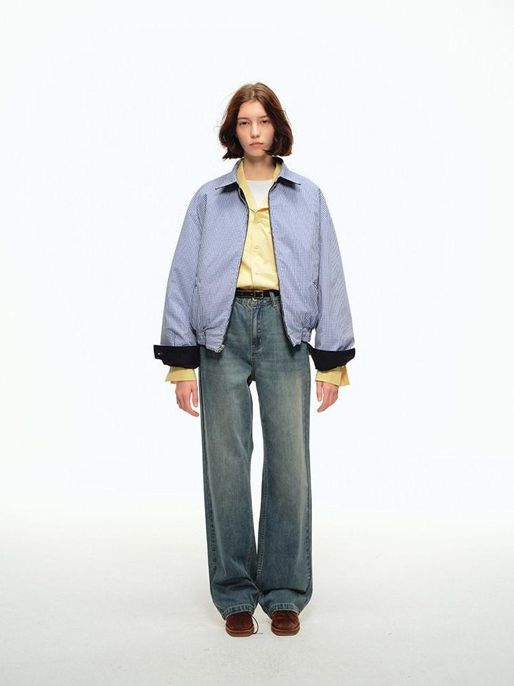 Country Moment Warm Cotton Loose Fit Youthful Plaid Zip Unisex Navy Lapel Cropped Jackets