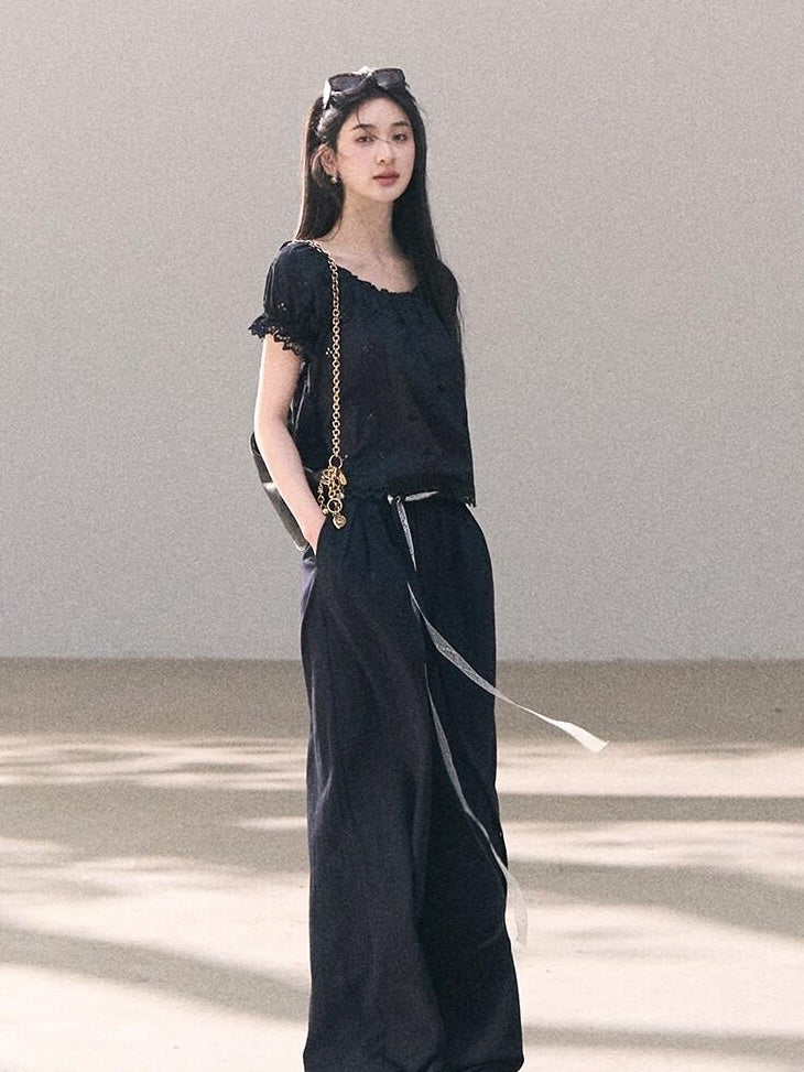 7 OAKMOO Lyocell Linen Breathable Casual Natural Waist Straight Navy White Wide Leg Pants