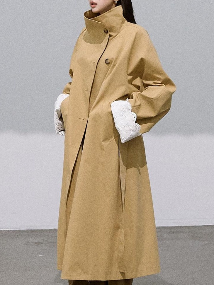 7 OAKMOO Cotton Lyocell Blend Oversized Stand Collar Amber Khaki Long Coats
