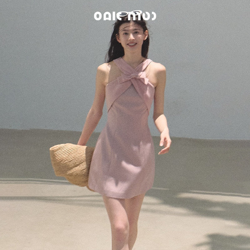 7_OAKMOO_Sweet_High_Waist_Rose_Pink_Asymmetric_Hem_Fitted_Aline_Women_Casual_Mini_Dresses_MISSTT