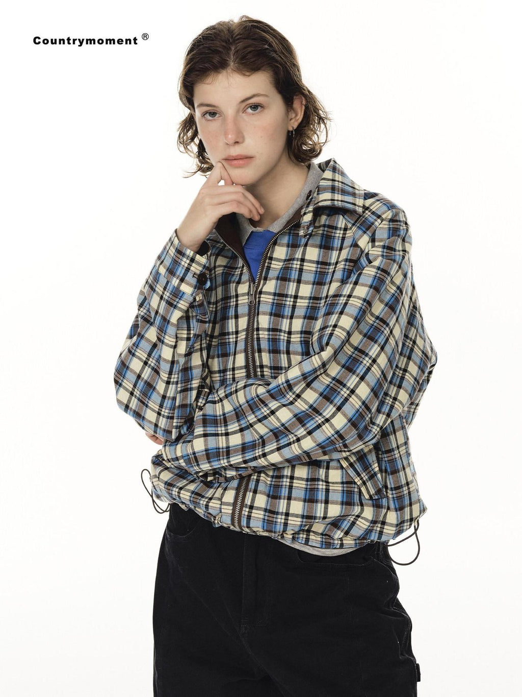Country Moment Reversible Cotton Relaxed Raglan Unisex Checked Zip Pockets Cropped Jackets