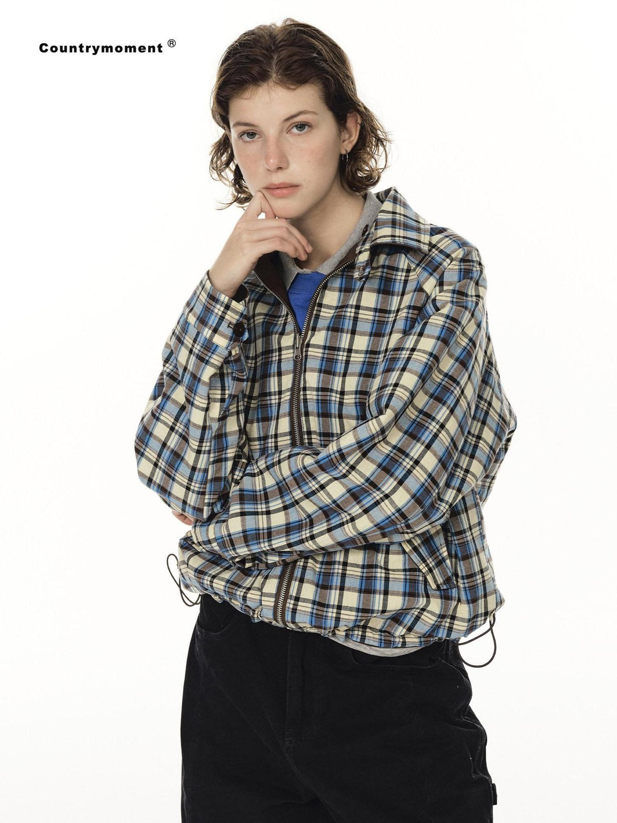 Country Moment Reversible Cotton Relaxed Raglan Unisex Checked Zip Pockets Cropped Jackets