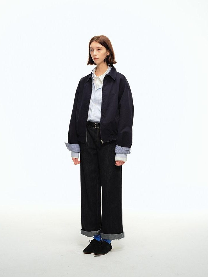 Country Moment Warm Cotton Loose Fit Youthful Plaid Zip Unisex Navy Lapel Cropped Jackets