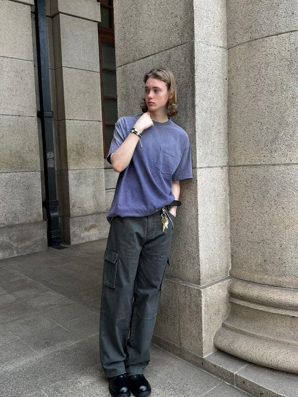 Country Moment Washed Mid Rise Loose Straight Leg Youth Daily Pure Cotton Green Cargo Pants
