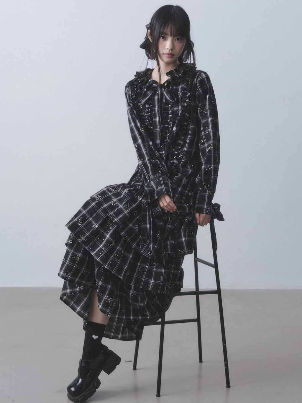 DDGIRL studio Wrinkle Free Black Plaid Collared Bow High Waist Loose Women Office Top & Skirt Sets