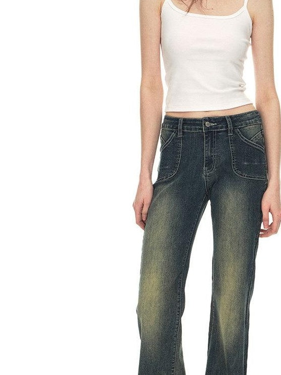 Country Moment Vintage Distressed Low Rise Retro Flare Women Daily Denim Blue Flared Jeans