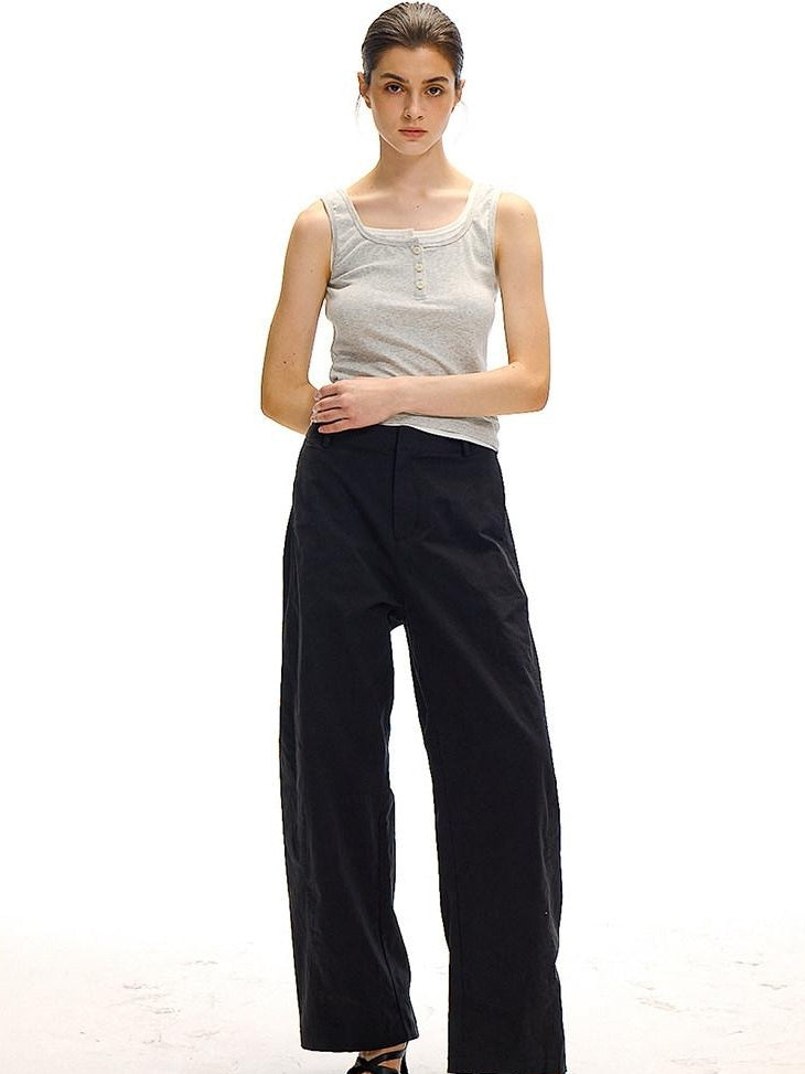 Country Moment Versatile Simple Mid Rise Cotton Stretch Straight Relaxed Black Wide Leg Pants