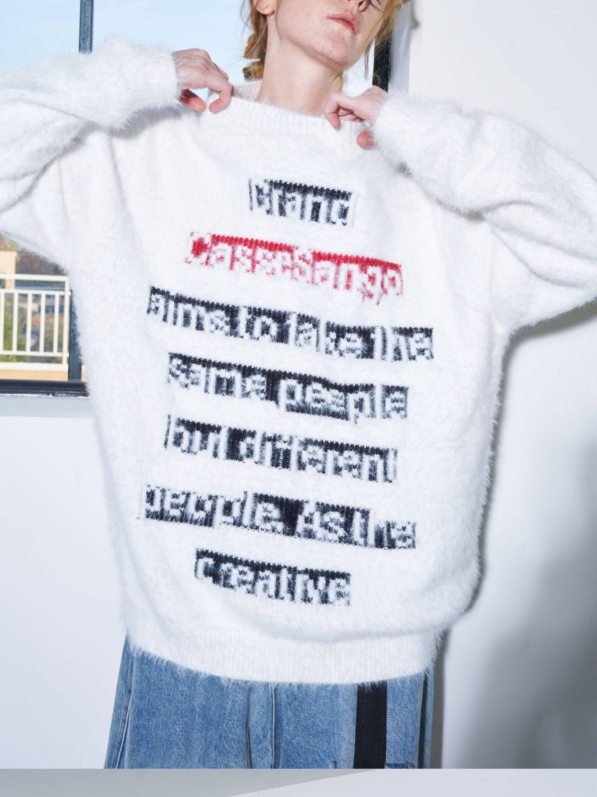 CasseSango Jacquard Letter Crewneck Pullover Trendy Youth Casual White Knit Sweaters