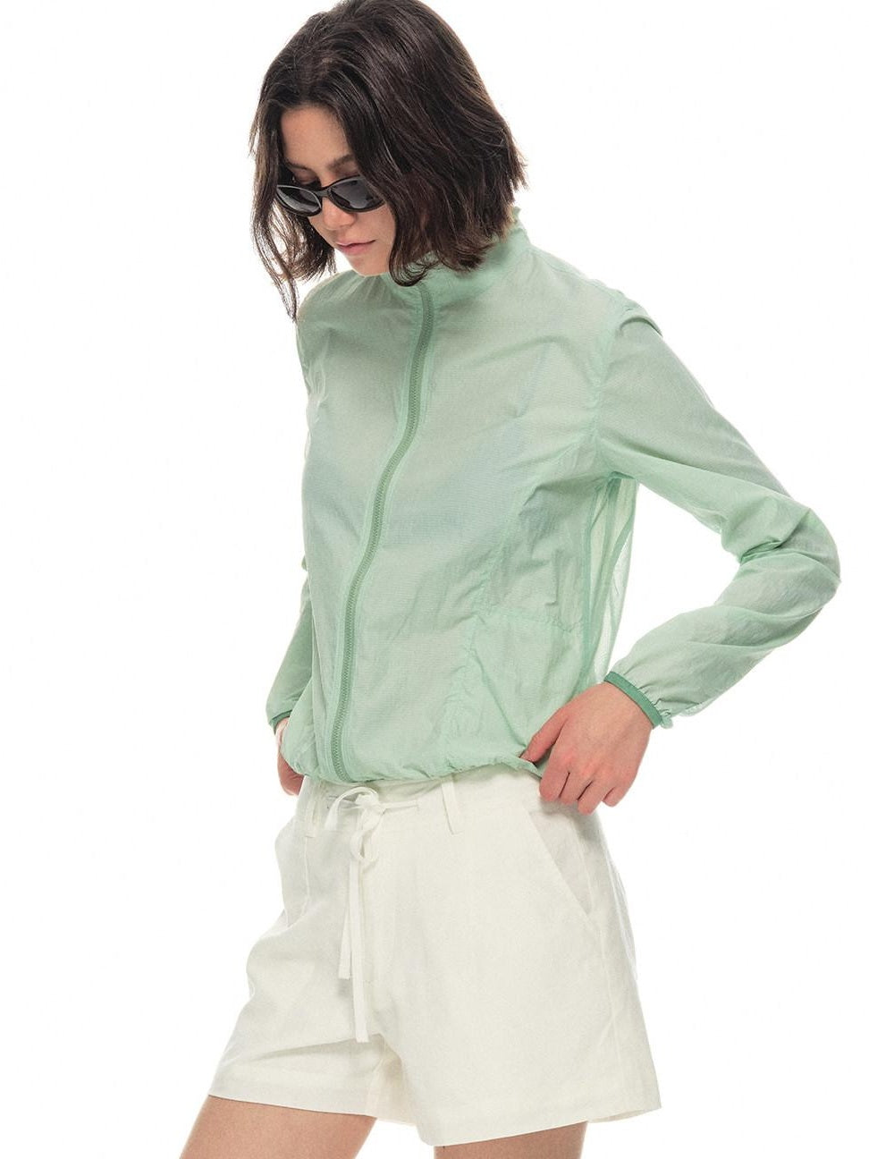 Country Moment Upf50 Packable Nylon Drawstring Hem Women Zip Shirt Green Shirts & Blouses