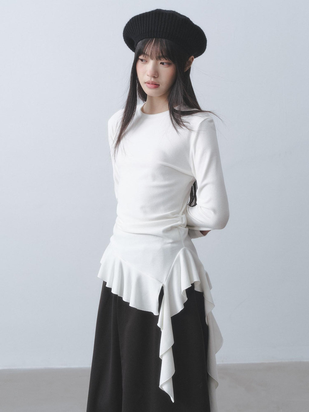 DDGIRL studio Soft Stretch Ruffle Asymmetric Slim Waist Women White Long Sleeve T-Shirts