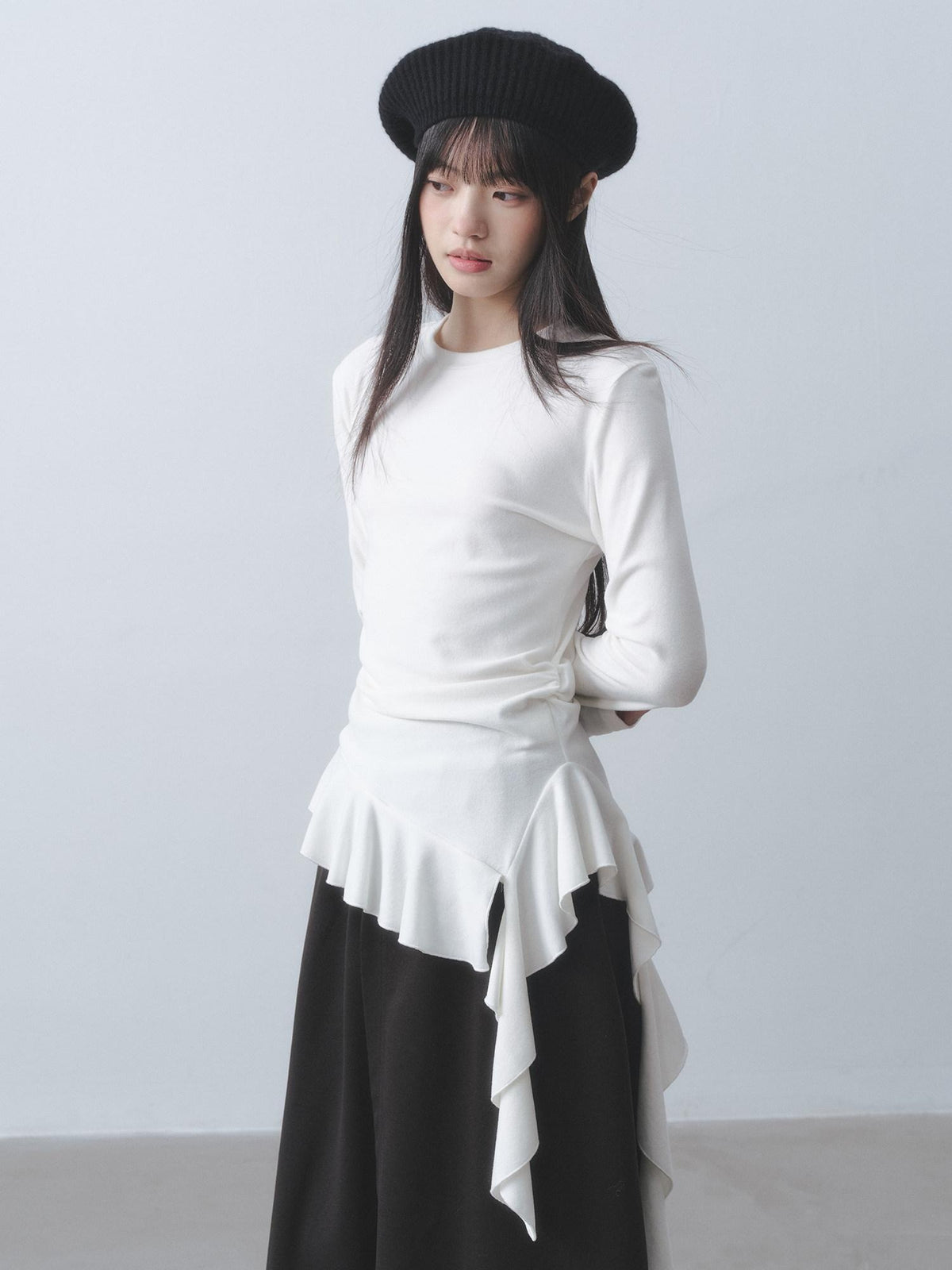 DDGIRL studio Soft Stretch Ruffle Asymmetric Slim Waist Women White Long Sleeve T-Shirts