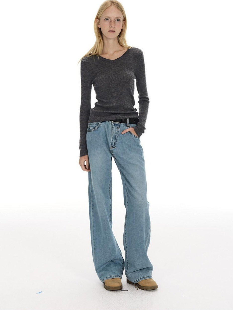 Country Moment Vintage Washed Low Rise Loose Fit Micro Stretch Casual Blue Straight Leg Jeans
