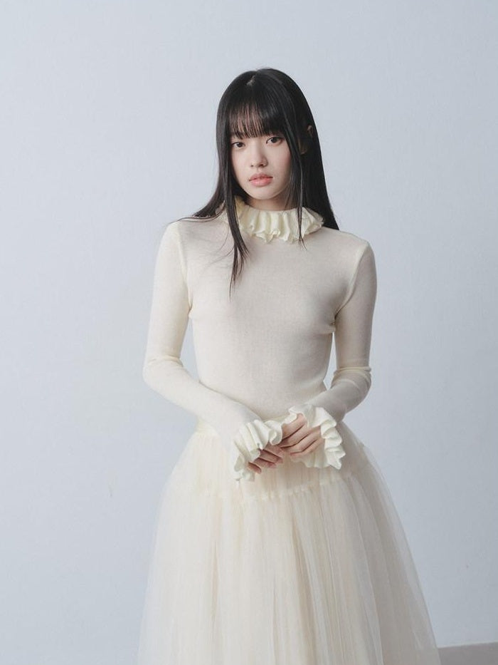 DDGIRL studio Warm Lightweight Slim Ruffle Collar Commuter Pullover Women Beige Sweaters