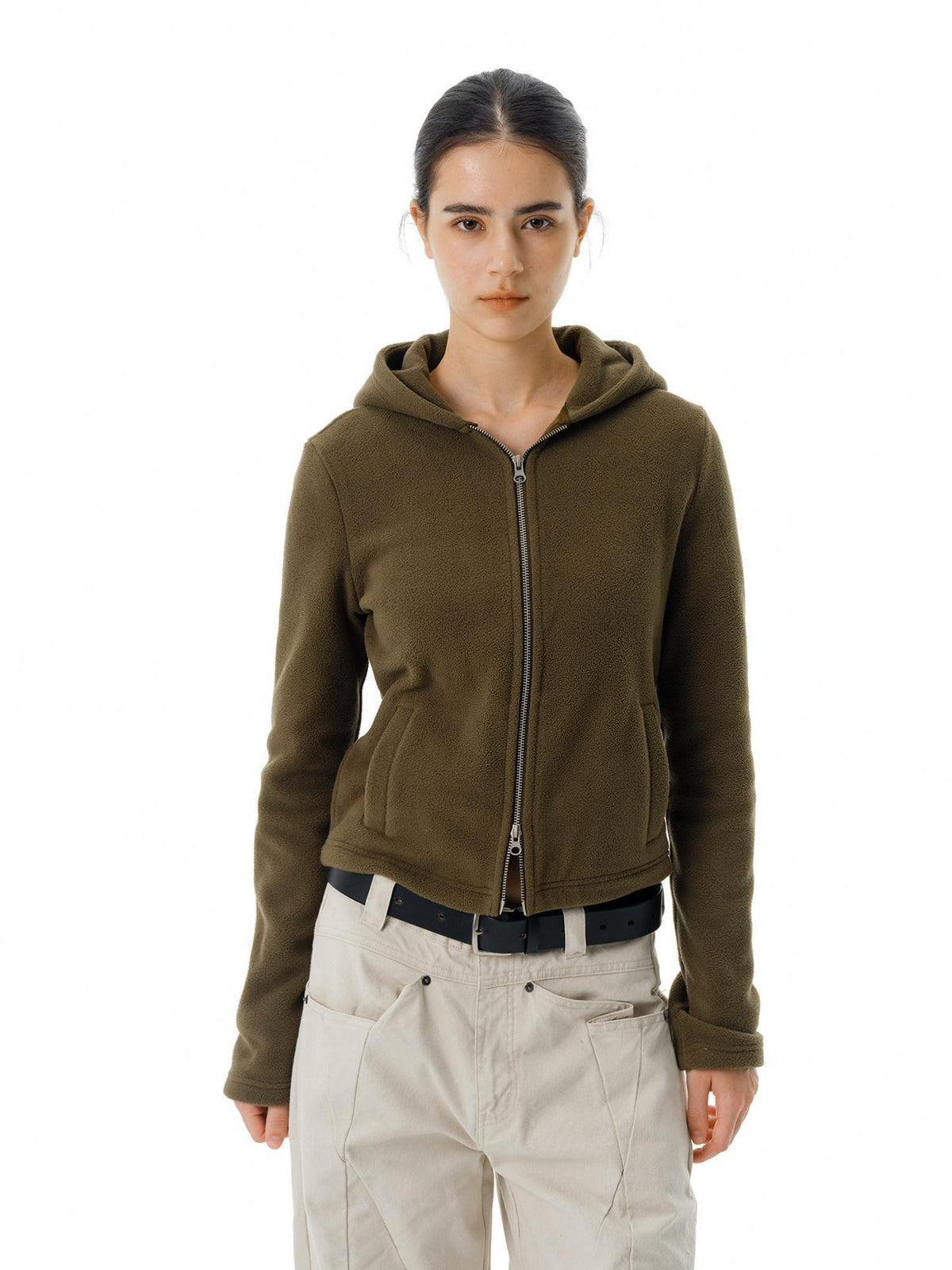 Country Moment Warm Polar Fleece Slim Fit Zip Up American Women Sport Sage Green Hoodie