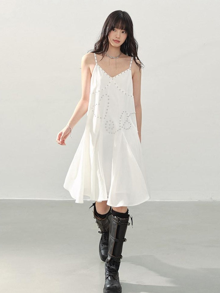 DDGIRL studio Soft Beaded Girly A Line V-neck Spaghetti Strap Cotton Wedding Midi Dresses