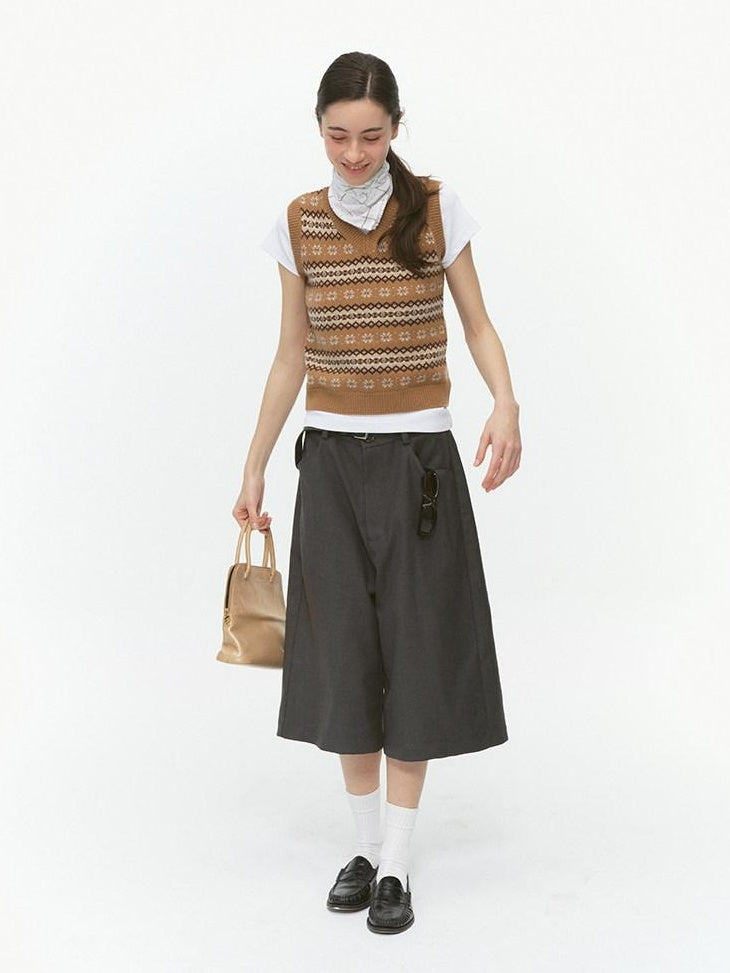 Country Moment Pure Wool V-neck Striped Vest Office Layering Buttonless Dusty Camel Sweaters