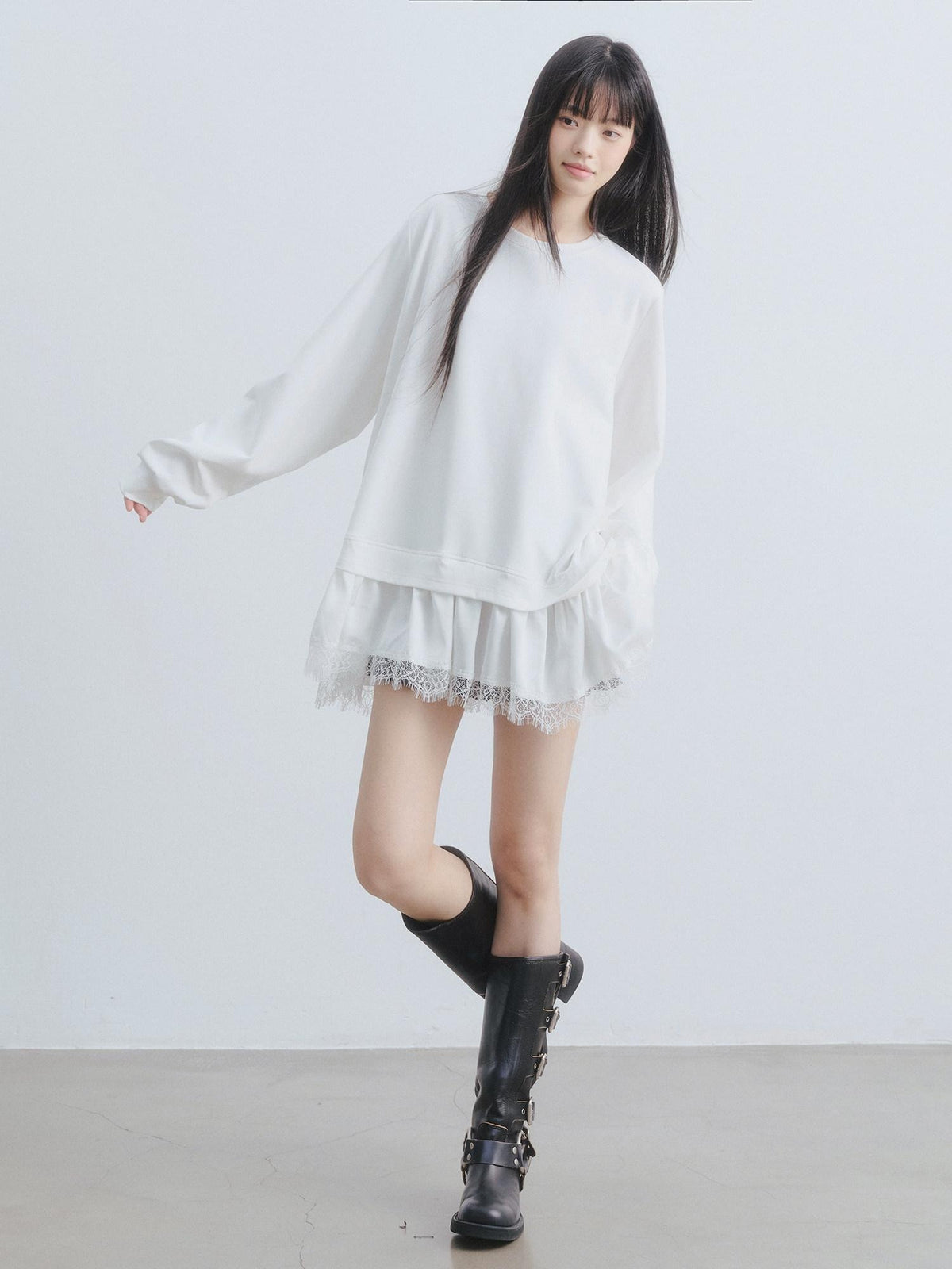DDGIRL studio Soft Patchwork Loose Sweatshirt Girly Oversized Long Sleeve White Mini Dresses