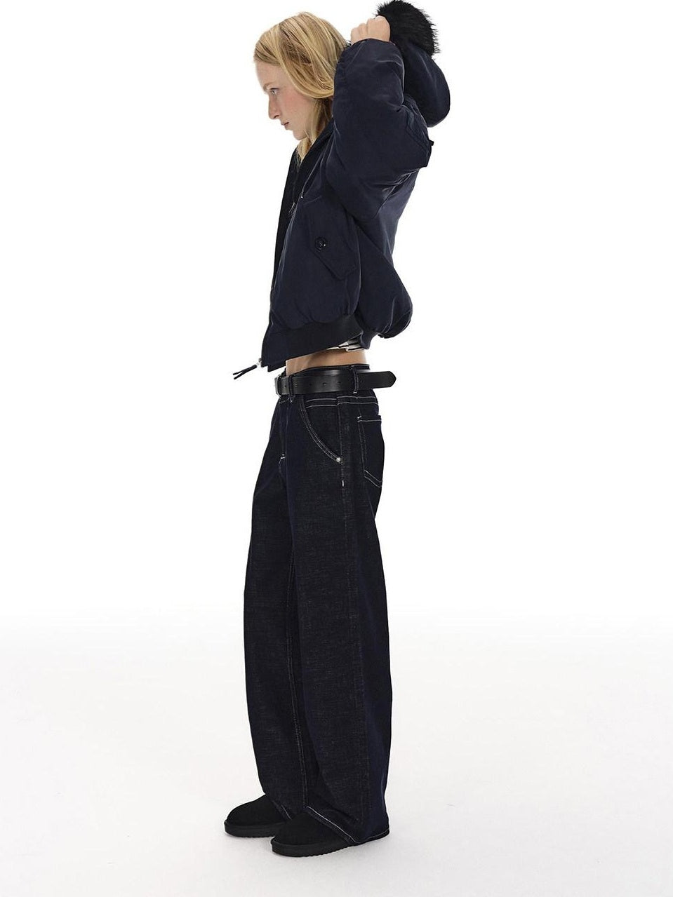 Country Moment Slimming Mid Rise Contrast Stitch Loose Unisex Blue Cotton Straight Leg Jeans