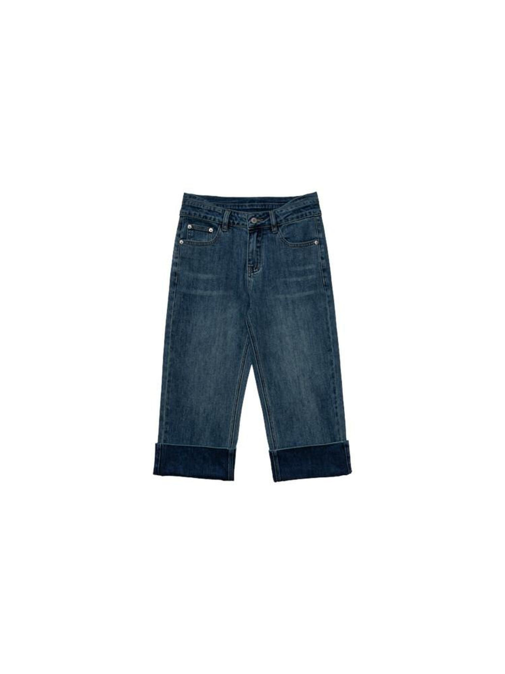 Country Moment High Waist Washed Stretch Straight Leg Denim Blue Mid-Length Shorts