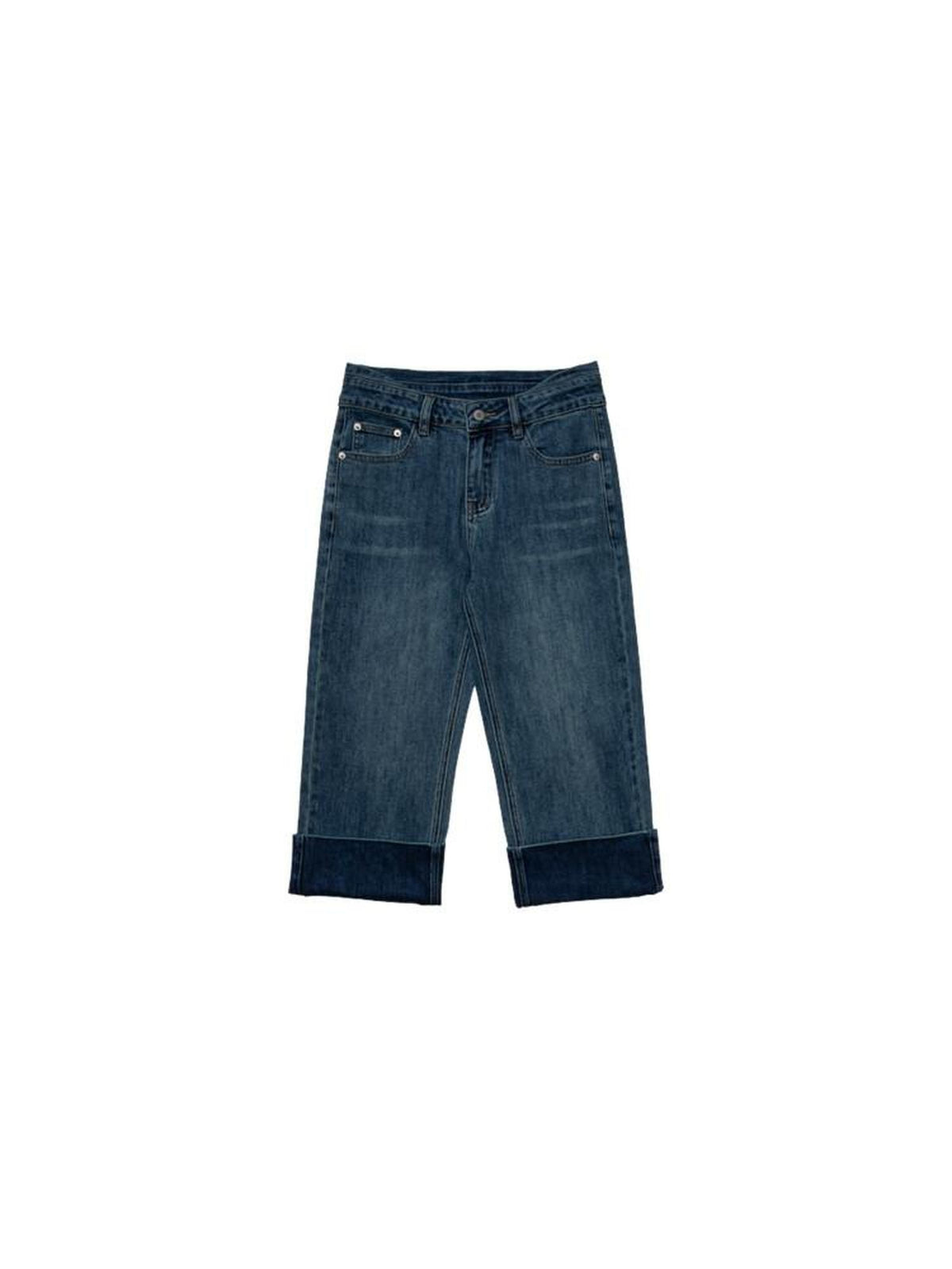 Country Moment High Waist Washed Stretch Straight Leg Denim Blue Mid-Length Shorts