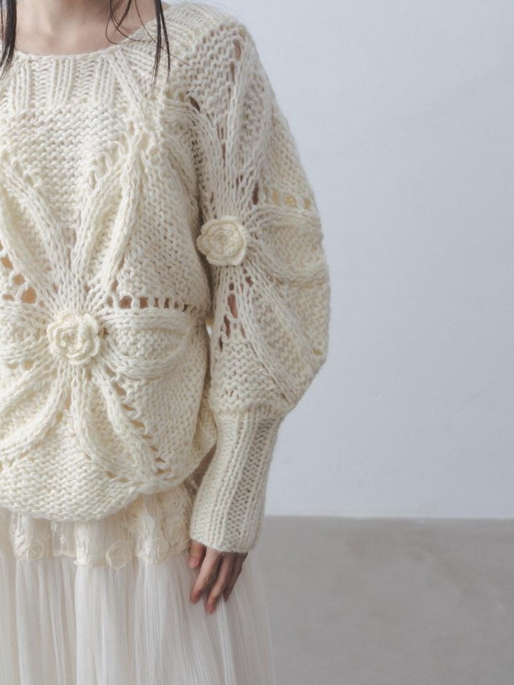 DDGIRL studio Soft Loose Crochet Openwork Lantern Sleeve Round Neck Women Knitwear Sweaters