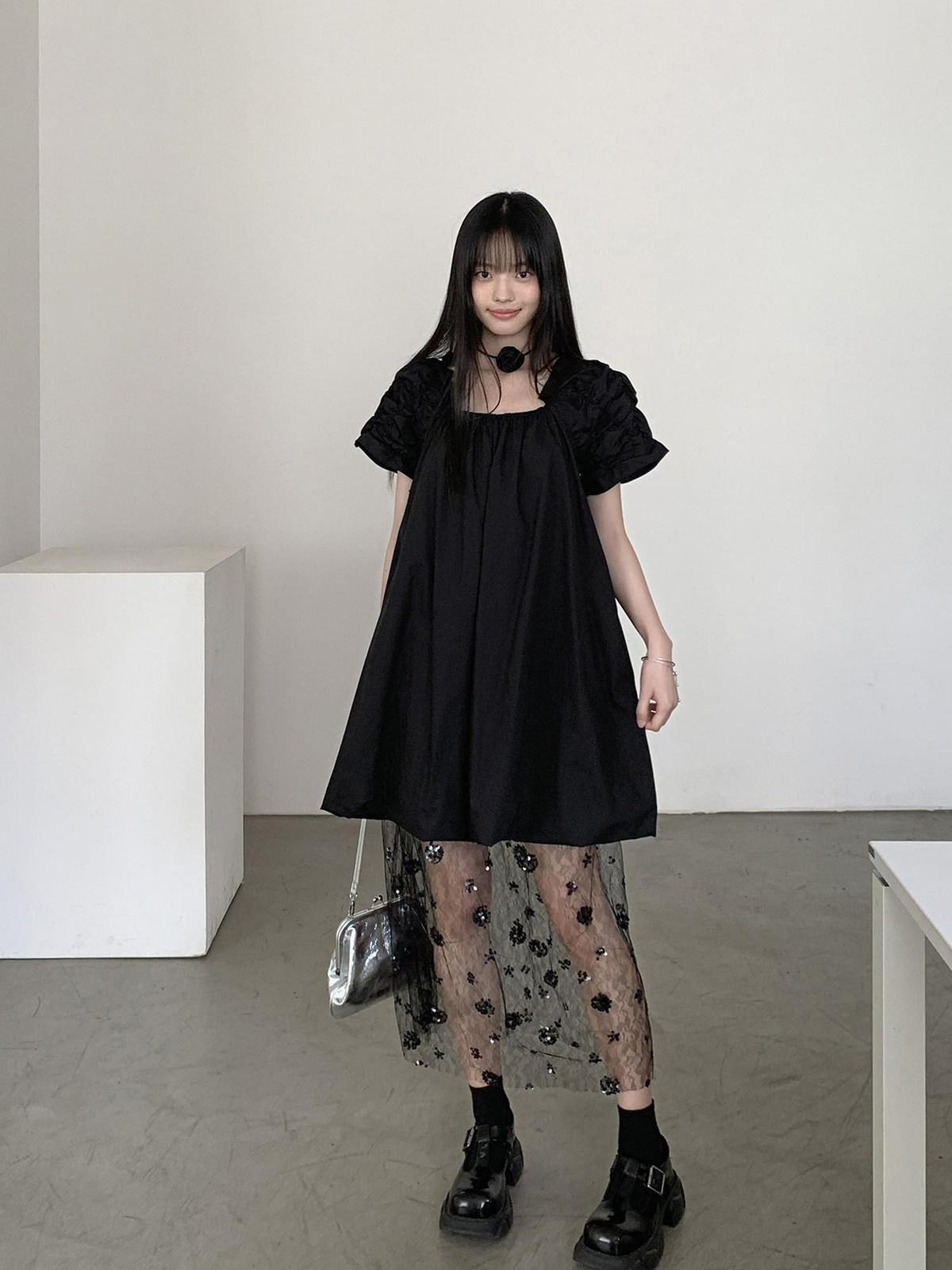DDGIRL studio 100% Cotton Pullover Bardot Neck A Line Lantern Skirt Workwear Midi Dresses
