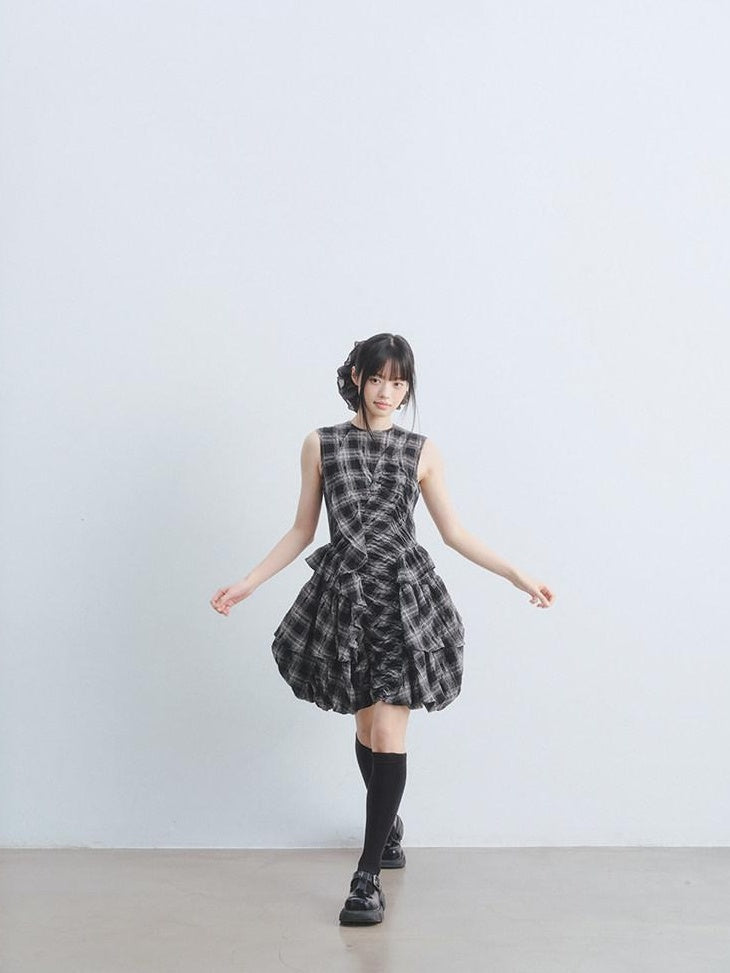 DDGIRL studio Soft Cotton Shirred A Line Sleeveless Checked Workwear Puff Skirt Mini Dresses