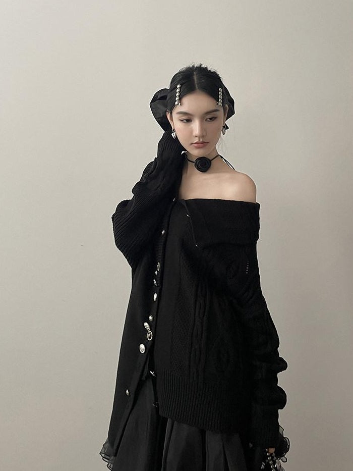DDGIRL studio Soft Cotton Mix Loose Side Slit Office One Size Mid Length Black Cardigans