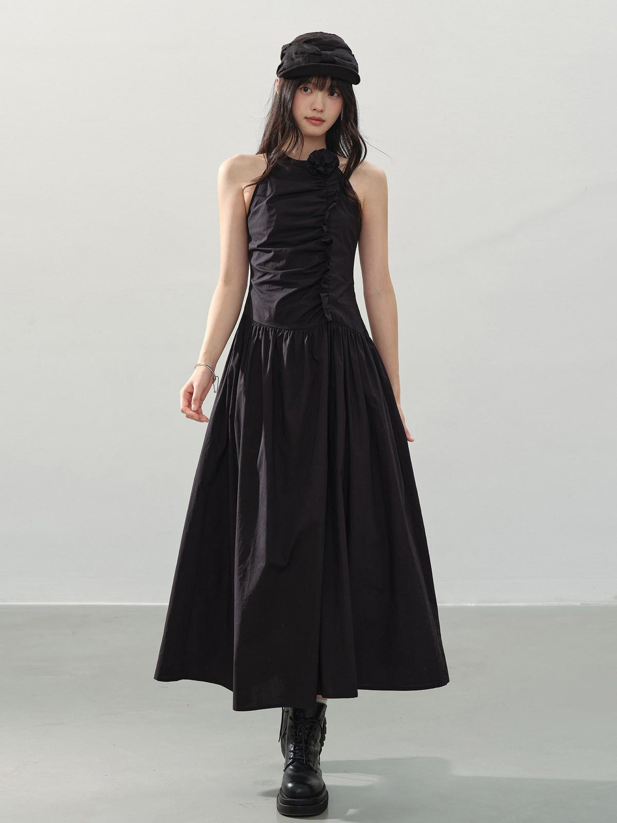 DDGIRL studio Elegant High Waist A Line Pleated Cotton Hidden Back Zipper Party Maxi Skirts