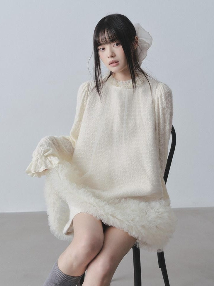 DDGIRL studio Ultra Soft Knit Petal Sleeve Pullover Office Casual Off White Mini Dresses