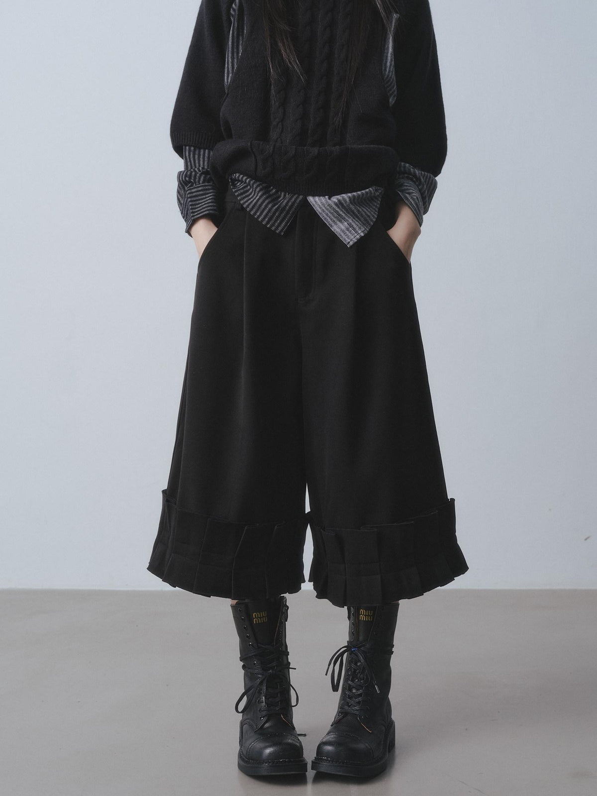 DDGIRL studio High Waist Pleated Solid Black Women Workwear Zipper Durable Wide Leg Pants