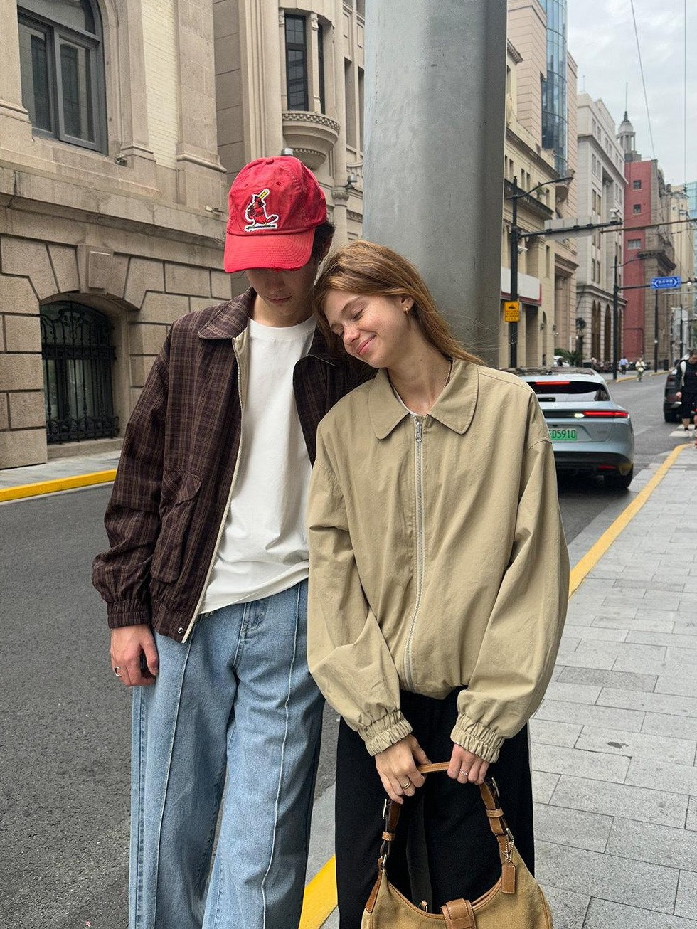 Country Moment Cotton Loose Fit Zip Lapel Short Youth Unisex Khaki Plaid Cropped Jackets