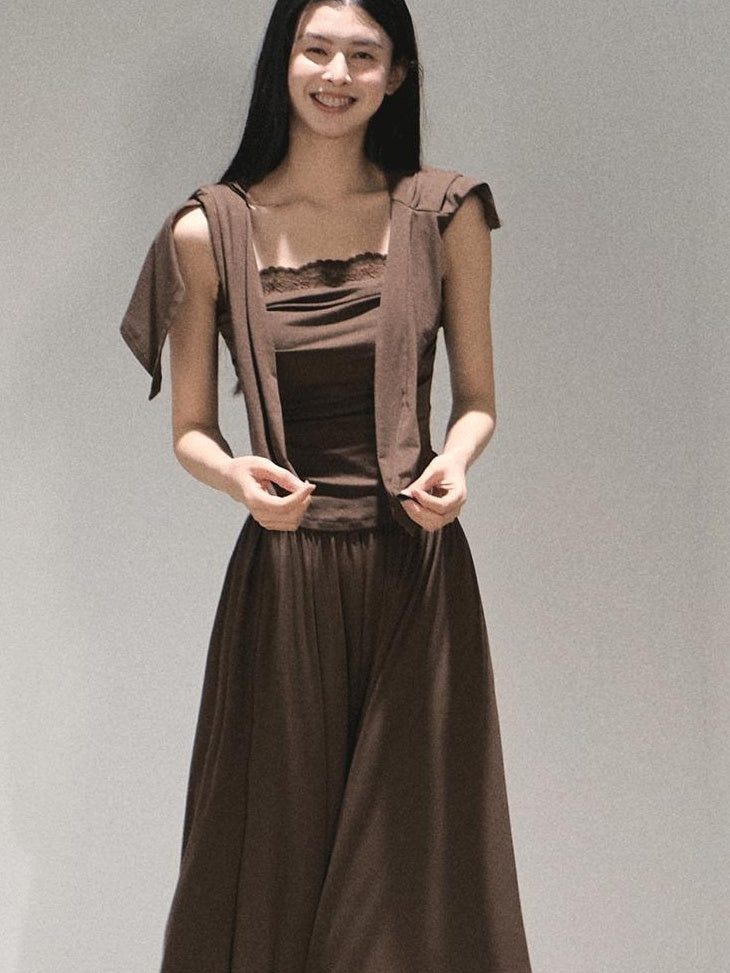 7 OAKMOO Tencel 3 Piece Casual Long Sleeve Women Amber Brown Top & Skirt Sets