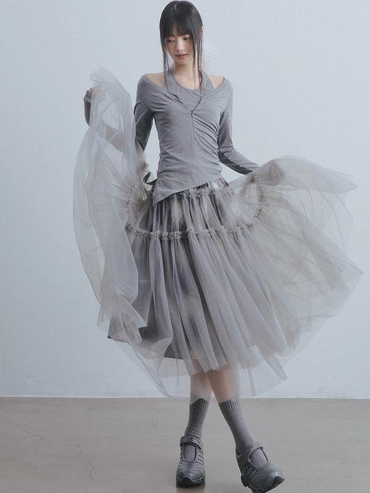 DDGIRL studio Non Deforming High Waist Mesh Patchwork Pleated Lined Women Gray Midi Skirts