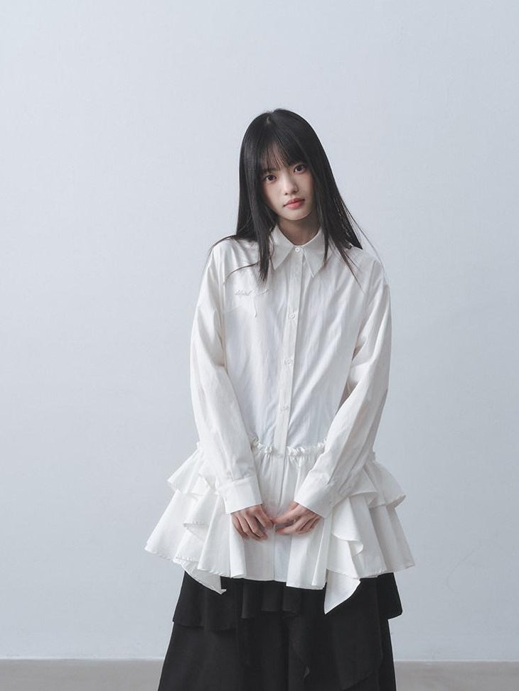 DDGIRL studio High Waist Ruffle Commuter Shirt Dress A Line Women White Button Mini Dresses