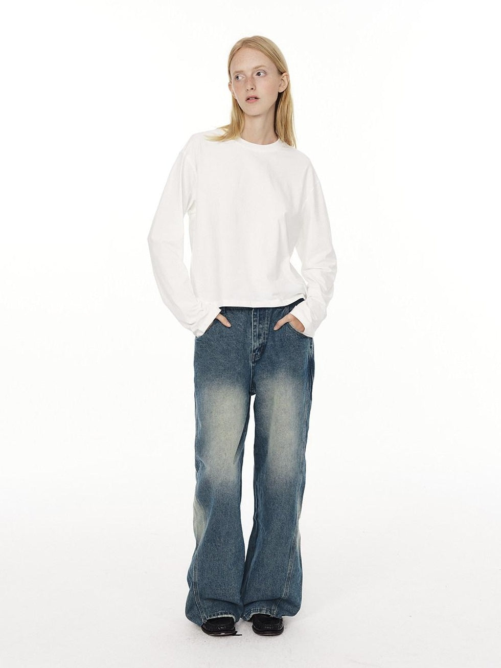 Country Moment Soft Cotton Blend Mid Rise Relaxed Vintage Gradient Blue Straight Leg Jeans