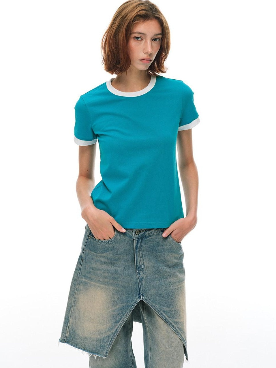 Country Moment Soft Breathable Colorblock Women Crew Neck Blue Short Sleeve T-Shirts